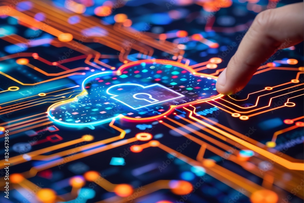 Touching Digital Cloud Security Lock on Red Circuit Board Touching Digital Cloud Security Lock on Red Circuit Board