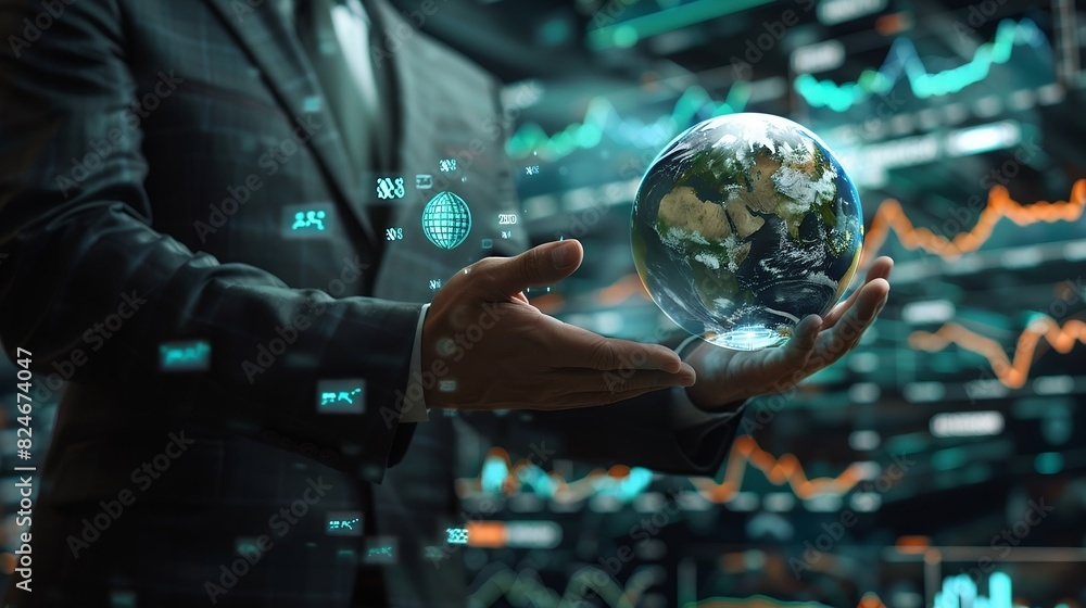 A businessman holding a digital globe with a digital screen background displaying digital money, symbolizing the power of the businessman. controlling economy . A businessman holding a digital globe with a digital screen background displaying digital money, symbolizing the power of the businessman. controlling economy .