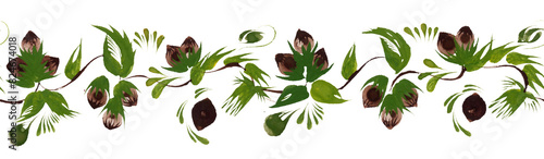 Floral seamless border pattern from hand drawn hazelnut sprigs, leaves and nuts on a white background
