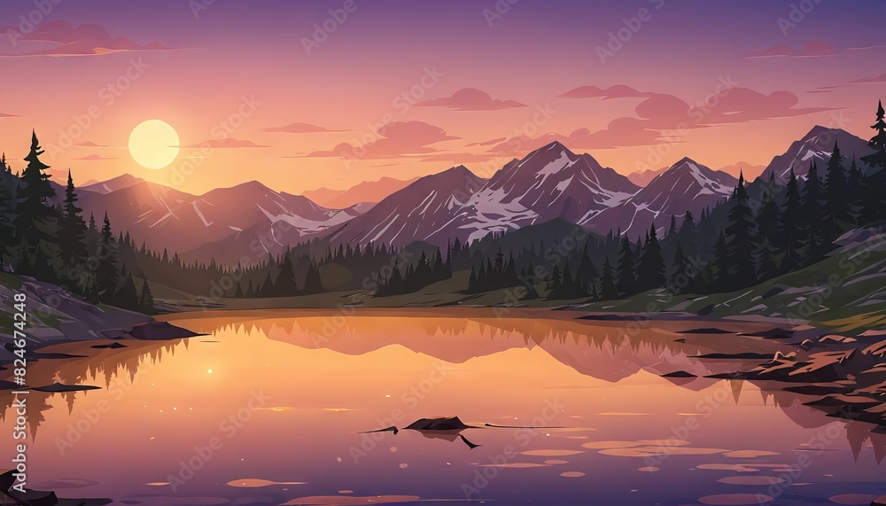 Fototapeta premium Sunset Over Subalpine Lake Vector Art Background