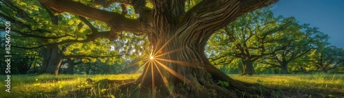 A majestic old tree bathed in sunlight in a tranquil forest  highlighting the beauty of nature during the golden hour.