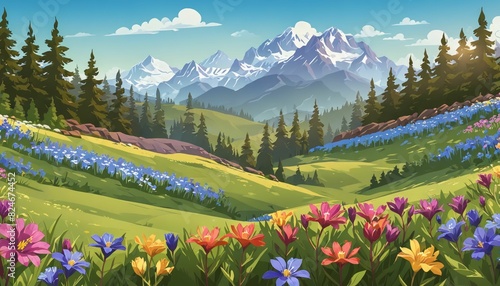 Sunny Day Over Subalpine Wildflower Field Vector Art Background photo
