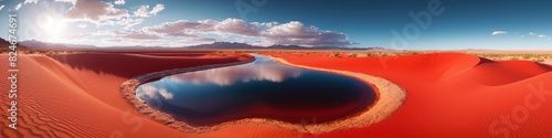 Endless red desert overlooking the river. Desert with magical sands and dunes as inspiration for exotic adventures in dry climates. An alien landscape stretches with vast red sand dunes.
