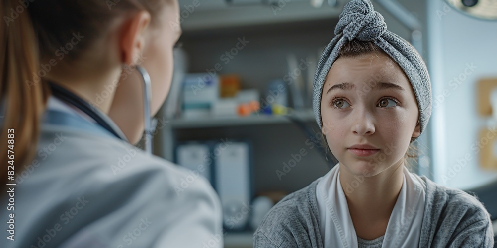 Adolescent cancer patient consulting with physician. Oncologist caring for young woman with tumor and offering mental assistance, easing her distress and sadness. Adolescent cancer patient consulting with physician. Oncologist caring for young woman with tumor and offering mental assistance, easing her distress and sadness.