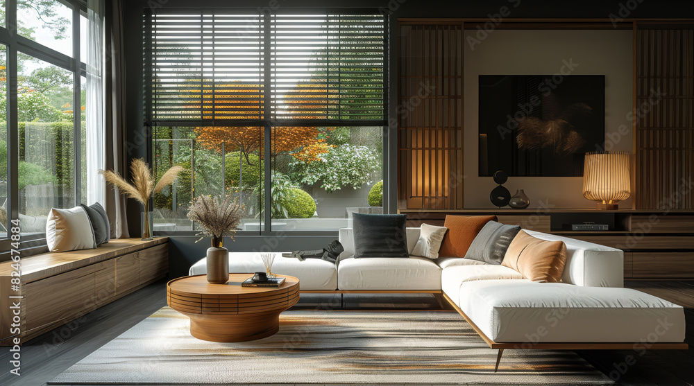 Dark walled living room with a modern Japanese influenced interior design. A dark brown accent color with wooden furniture and wood accents. dark walls and a white sofa. Generative AI.