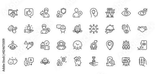 Teamwork chart, Friendship and Share line icons pack. AI, Question and Answer, Map pin icons. Voicemail, Use gloves, Time hourglass web icon. Work home, Smile, Shield pictogram. Vector