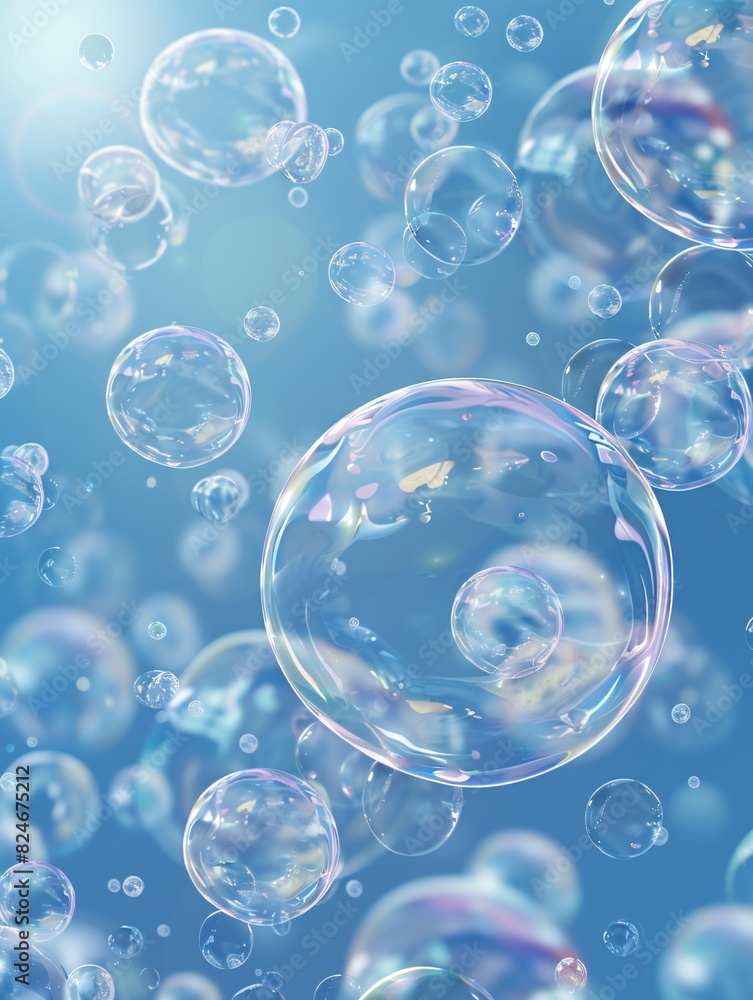 Transparent globes floating on a clear backdrop, realistic bubbles in the air or underwater.