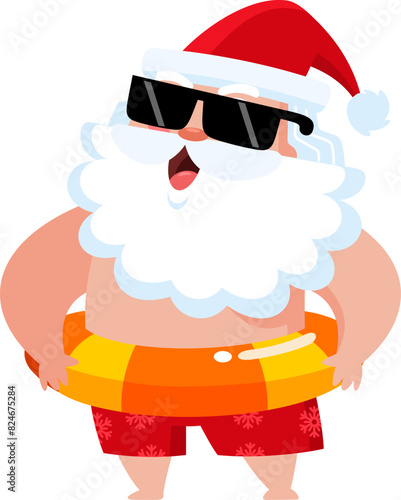 Summer Santa Claus Cartoon Character With Inflatable Swimming Ring. Vector Illustration Flat Design Isolated On Transparent Background