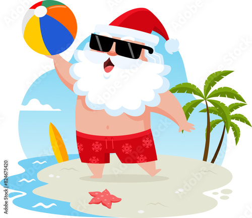 Summer Santa Claus Cartoon Character Holding An Inflatable Ball On The Beach. Vector Illustration Flat Design Isolated On Transparent Background