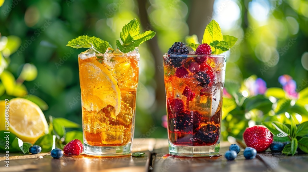 Refreshing Summer Iced Tea Varieties on Wooden Table Outdoors Refreshing Summer Iced Tea Varieties on Wooden Table Outdoors