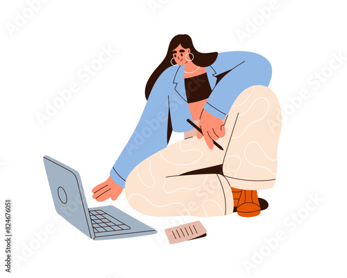 Woman works at laptop computer. Student with pen and paper at notebook, studying online, composing essay on floor. Freelancer taking notes. Flat vector illustration isolated on white background