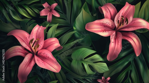 Background of green leaves and pink lily flowers. Juicy bright foliage.The texture of large leaves and buds. Beauty is in nature.
