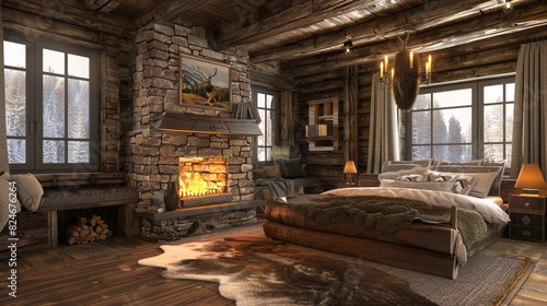 A rustic bedroom with a stone fireplace  a log bed frame  and a bearskin rug. 