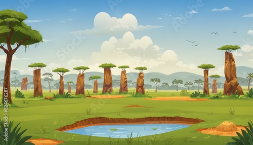 Termite Mounds in Cloudy Wet Savanna Vector Art Background photo