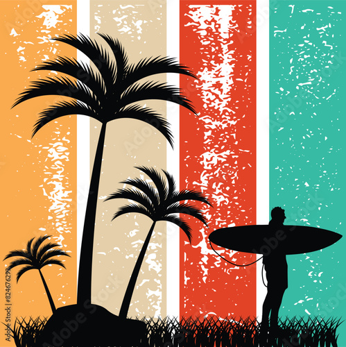 Sunny California Surf ! Cool vintage vector art featuring a surfer riding waves, palm trees, and a retro sunset. Perfect for your next T-shirt design! Catch the wave!