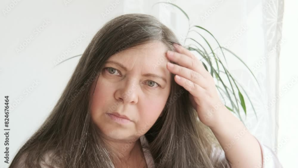 mature brunette woman examines long hair for signs aging, discovering gray hair, checkup, aging problems, concept female age, menopause, midlife crisis, hairloss problem, hormonal imbalance mature brunette woman examines long hair for signs aging, discovering gray hair, checkup, aging problems, concept female age, menopause, midlife crisis, hairloss problem, hormonal imbalance