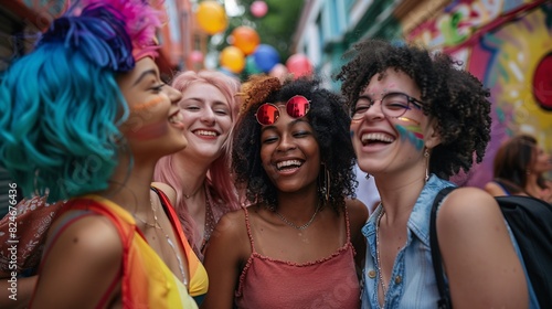 Wallpaper Mural Group of diverse LGBTQ+ friends exploring a vibrant city street, smiling and taking photos Torontodigital.ca