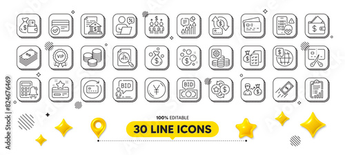 Vip award, Bankrupt and Launder money line icons pack. 3d design elements. Renew card, World money, Bank document web icon. Salary, Calculator alarm, Card pictogram. Vector
