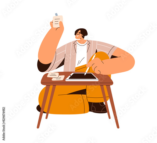 Artist at digital tablet, drawing. Happy illustrator, freelancer sitting at t...