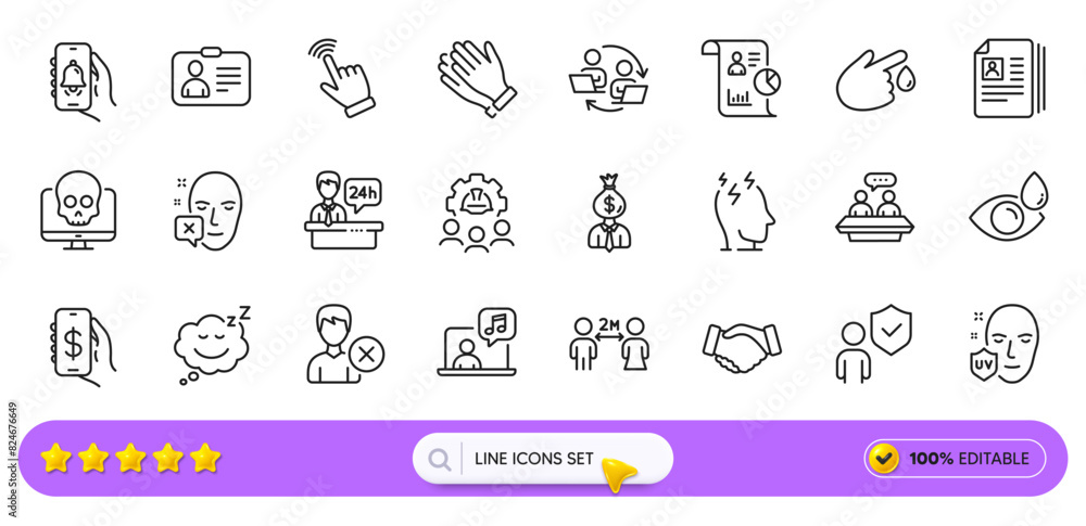 Blood donation, Eye drops and Bell alert line icons for web app. Pack of Handshake, Uv protection, Cursor pictogram icons. Teamwork process, Face declined, Music signs. Sleep. Search bar. Vector Blood donation, Eye drops and Bell alert line icons for web app. Pack of Handshake, Uv protection, Cursor pictogram icons. Teamwork process, Face declined, Music signs. Sleep. Search bar. Vector