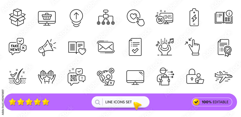 Lock, Web shop and 5g internet line icons for web app. Pack of Like button, Messenger mail, Video conference pictogram icons. Battery charging, Computer, Ranking signs. Megaphone. Search bar. Vector Lock, Web shop and 5g internet line icons for web app. Pack of Like button, Messenger mail, Video conference pictogram icons. Battery charging, Computer, Ranking signs. Megaphone. Search bar. Vector