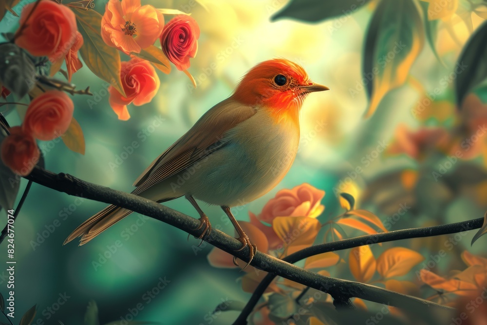 Obraz premium Surreal Bird branch digital art. Wonderful and multicolored small animal with wings. Generate AI