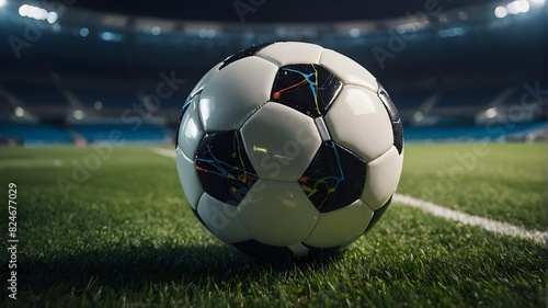 An abstract picture of a soccer ball with a computer analytics interface represents data analysis and online sports betting.