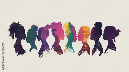 female diverse faces of different ethnicity in silhouette. March 8 International women day and the feminist movement for independence, freedom, and activism for woman rights, vector flat illustration photo