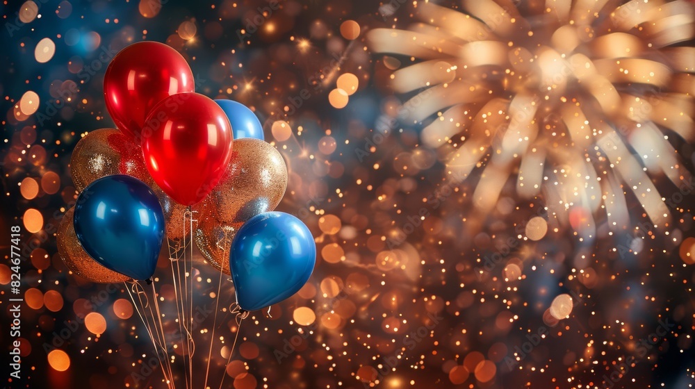 Cheerful Independence Day celebration with red, white, and blue balloons against backdrop of dazzling fireworks. Cheerful Independence Day celebration with red, white, and blue balloons against backdrop of dazzling fireworks.