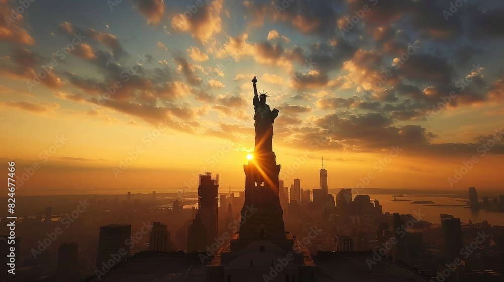 Naklejka premium Statue of Liberty stands proudly against a dramatic sunset. Freedom in the United States. Silhouettes of urban scene