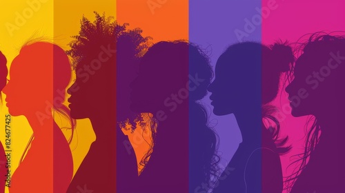female diverse faces of different ethnicity in silhouette. March 8 International women day and the feminist movement for independence  freedom  and activism for woman rights  vector flat illustration