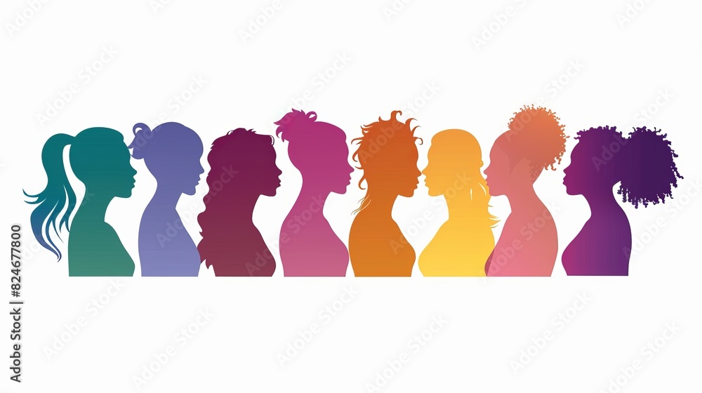 Female diversity. Group multiethnic and multiracial women and girls who communicate and share information on social network and community. Head face silhouette profile. Friendship. Speak