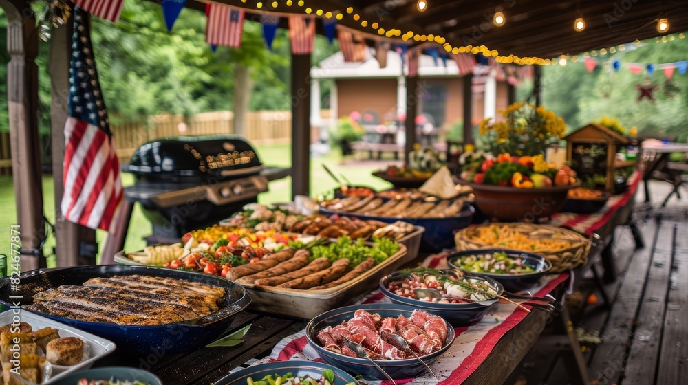 Festive outdoor barbecue, decorated with American flag-themed banners and lights. Table is filled with variety of grilled meats, side dishes, and salads