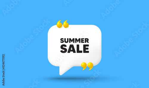 Summer Sale tag. Chat speech bubble 3d icon with quotation marks. Special offer price sign. Advertising Discounts symbol. Summer sale chat message. Speech bubble banner. White text balloon. Vector
