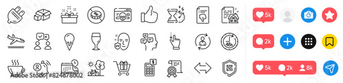 Qr code, Packing boxes and Electric plug line icons pack. Social media icons. People voting, User notification, Coffee web icon. Like, Bicycle, Touchscreen gesture pictogram. Vector
