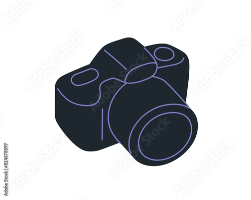 Digital photo camera. DSLR with photographic lens. Photography equipment. Photocamera icon. Photographing device. Art technology, gadget. Flat vector illustration isolated on white background