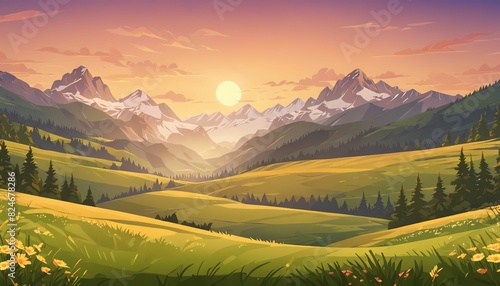 Golden Hour in Tranquil Alpine Meadow Vector Art Background