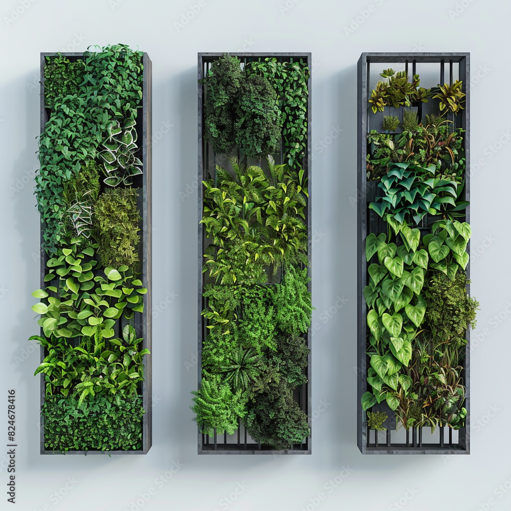 Fototapeta premium Blank modern vertical garden frame 3D rendered in various camera angles. Ultra HD mockup for eco-friendly designs.
