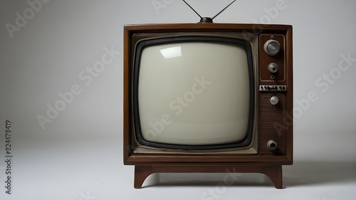 An isolated, antique, retro television set with a blank screen set against a white backdrop.