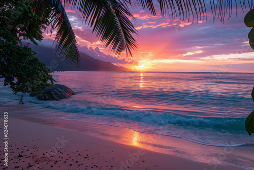 Sunset time on a beach in Mahe island, Seychelles photo