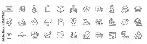 Lighthouse, Parcel shipping and Free delivery line icons. Pack of Location, Wholesale goods, Packing boxes icon. Delivery route, Fragile package, Inventory cart pictogram. Line icons. Vector