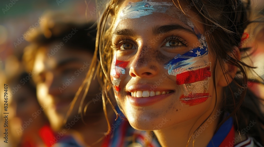 A closeup of young women with the American flag painted on their faces on the international soccer match A closeup of young women with the American flag painted on their faces on the international soccer match