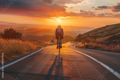 A person riding a bike down a road at sunset. Suitable for lifestyle and outdoor activity concepts