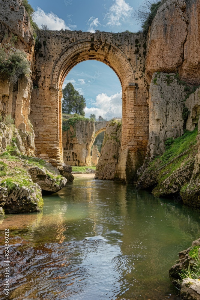A picturesque bridge over a river with rocky surroundings. Ideal for travel or nature-themed designs A picturesque bridge over a river with rocky surroundings. Ideal for travel or nature-themed designs