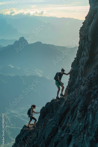 A group of people climbing up a mountain. Suitable for adventure and teamwork concepts
