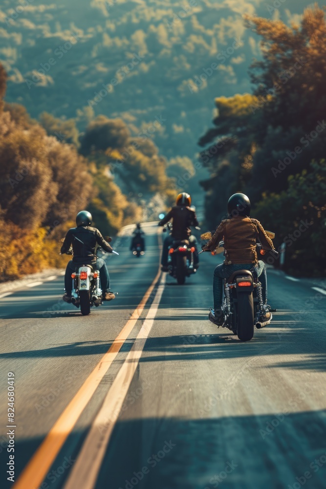 A group of people riding motorcycles down a road. Ideal for travel or adventure concepts A group of people riding motorcycles down a road. Ideal for travel or adventure concepts