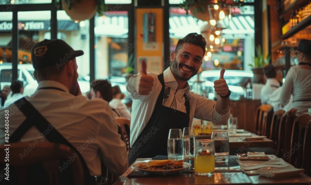 Customer Giving Thumbs-Up to Waiter in Restaurant
