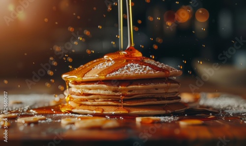Syrup Poured Over Stack of Fluffy Pancakes
 photo