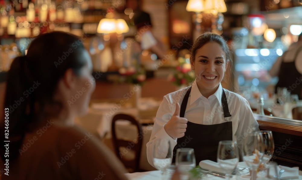 Customer Giving Thumbs-Up to Waiter in Restaurant
