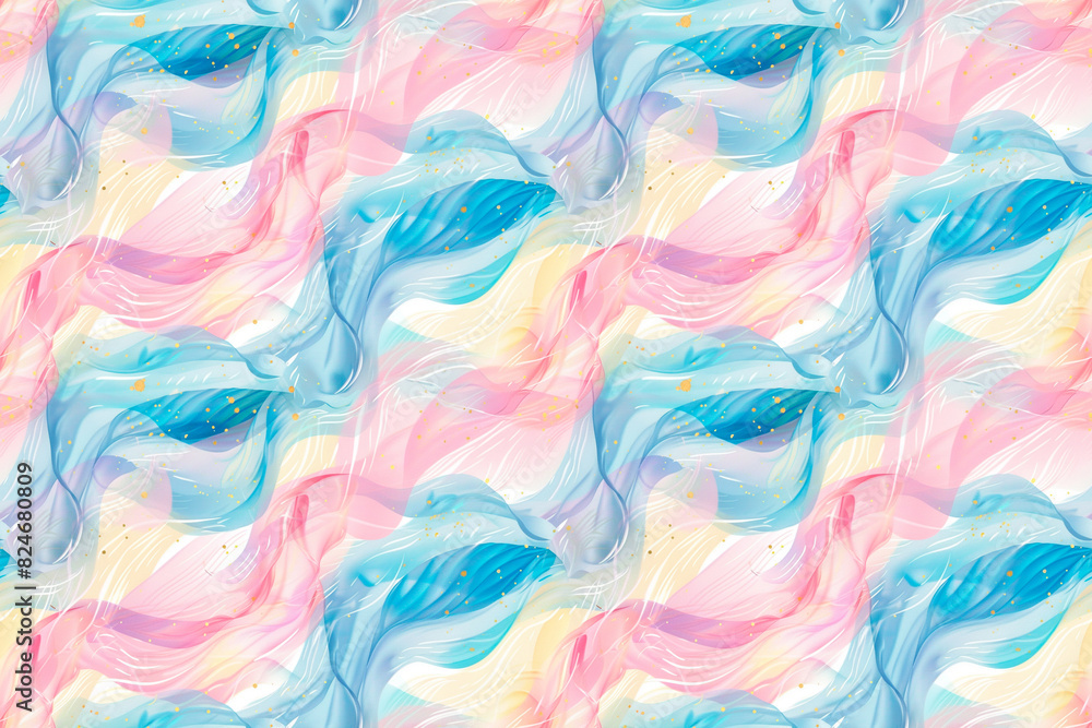 Dreamy pastel pattern with flowing pink, blue, and yellow waves. Perfect for seamless decoration and artistic design projects. Dreamy pastel pattern with flowing pink, blue, and yellow waves. Perfect for seamless decoration and artistic design projects.